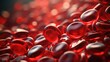 Red blood cells close up, circulating in blood vessels and veins, with human blood cells flowing in one direction. Red medical capsules background, 3d render illustration with a depth of field