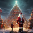 A santa clause is standing in front of a christmas tree with a santa clause by generative ai