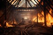 Wooden barn destroyed by fire charred roof truss and posts