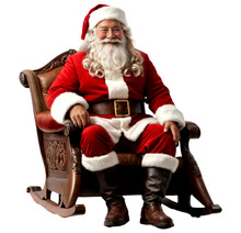Santa Claus Sitting On Sleigh Or Chair, On Transparent Background. Christmas Miracle Concept
