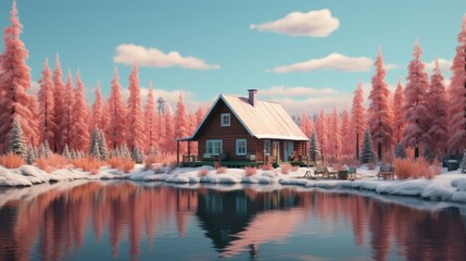 Canvas Print - A small cabin sitting on top of a lake. AI.