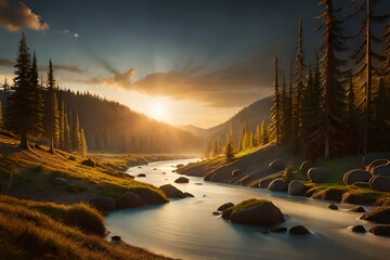 Wall Mural - sunset over the river