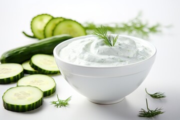 Wall Mural - Yummy sauce with cucumber in bowl on a white background