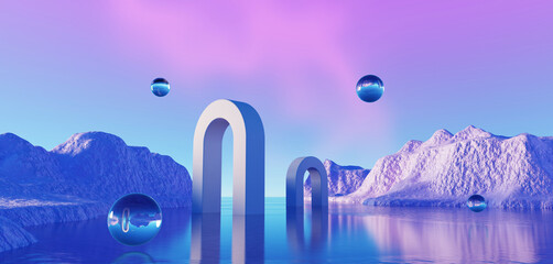 Wall Mural - 3d render, abstract surreal pastel landscape background with arches and podium for showing product, 