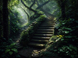 Fototapeta Las - A rocky staircase in a lush jungle leads one to an imaginary world - AI Generative
