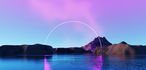 Wall Mural - 3d render, abstract surreal pastel landscape background with arches and podium for showing product, 