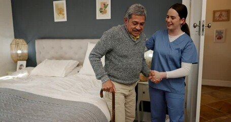 Wall Mural - Senior, walking and nurse for help, support and caregiver with stick in bedroom of nursing home and conversation. Elderly, professional and medical worker helping up person from bed with cane