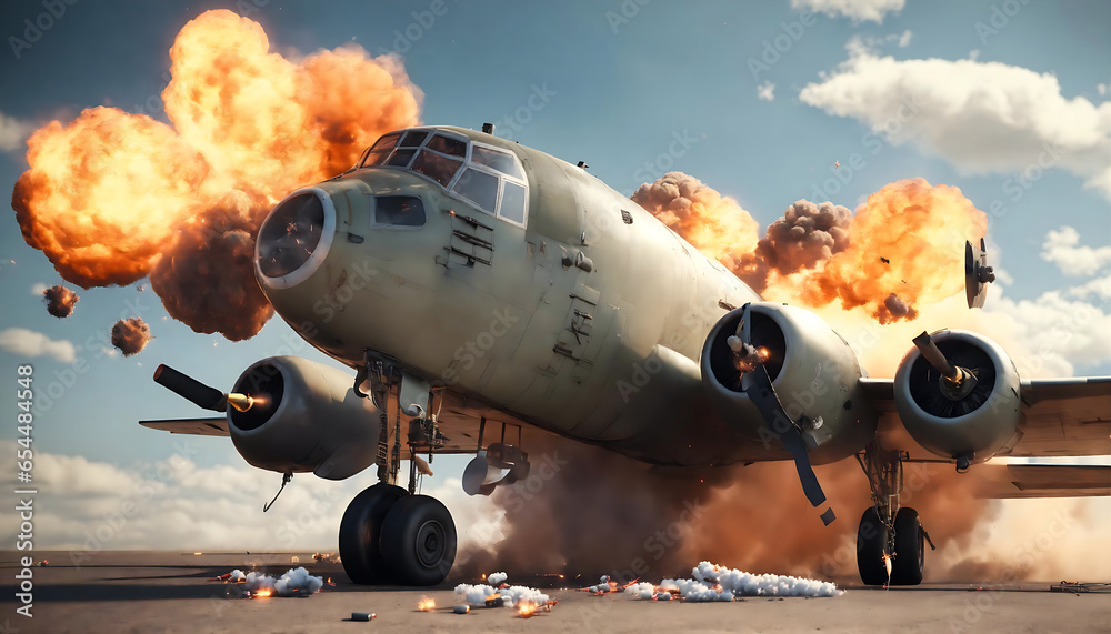Military Jet Exploding war plane shot and exploded in the sky in the world war II. jet ...
