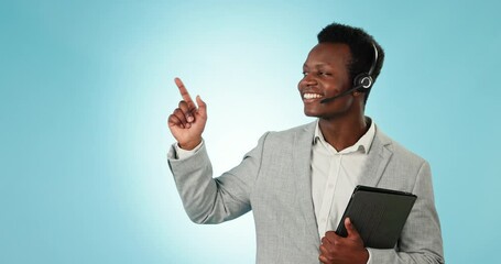 Aufkleber - Black man, business telemarketing and pointing with space, web help and advertising for call center. Studio, blue background and crm communication with customer support and portrait with consultant