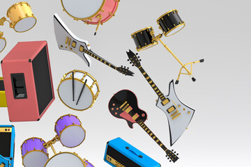 Wall Mural - Many of flying acoustic guitars, drums, cymbal or drumset and amplifier on white