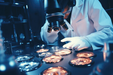 Aufkleber - A person in a lab coat is seen looking through a microscope. This image can be used to depict scientific research, laboratory experiments, or medical studies.