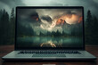 Laptop on nature background with design for websites is a trendy template for online trading and e-commerce.