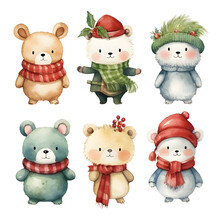 Set Of Watercolor Cute Fuzzy Bears In Festive Red Scarf And Hats, Isolated On White Background, Cute Character, Winter Season, Holiday