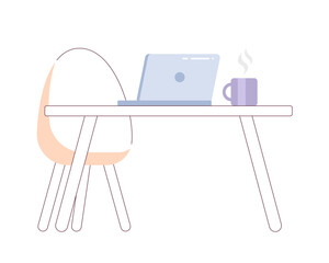Poster - Office desk laptop with mug 2D cartoon object. Workspace computer and steamed drink cup isolated vector item white background. Comfortable chair table workplace color flat spot illustration