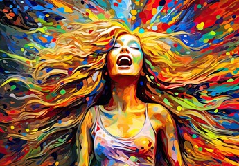 Wall Mural - Portrait of a bright laughing young girl in colorful paint splatters. Concept of expressing bright joyful emotions. Energy of youth. Happiness. Illustration for cover, card, interior design or print.