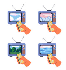 Poster - Peaceful landscapes retro tv watching 2D illustration concepts set. Remote control, dreamy mood isolated cartoon character hands collection, white background. Metaphors abstract flat vector graphic
