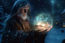 The Magician, Saint Nicholas, Holds A Magic Ball In His Hands Against The Backdrop Of A Snowy City. Generative AI.