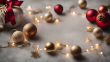 Christmas Or New Year Background With Bokeh Lights And Red And Gold Balls