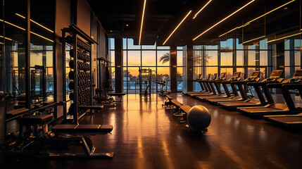 Wall Mural - Within gym with modern fitness equipment for fitness events and more. Modern of gym interior with equipment. Sports equipment in the gym. Created with Generative AI