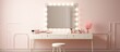 Modern interior design of a makeup artists workstation featuring a dressing room with a mirror table and barbershop aesthetic