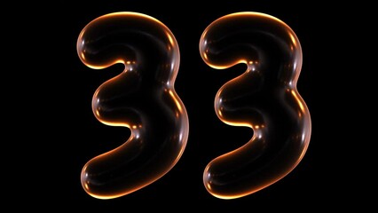 Poster - Seamless animation of glowing number 33 with light and reflections isolated on black background in 3d rendering.