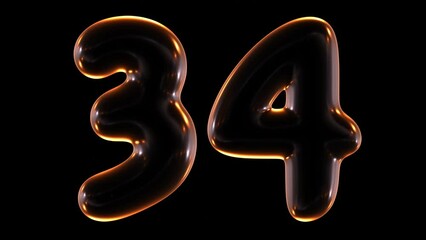 Poster - Seamless animation of glowing number 34 with light and reflections isolated on black background in 3d rendering.