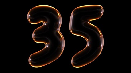Poster - Seamless animation of glowing number 35 with light and reflections isolated on black background in 3d rendering.