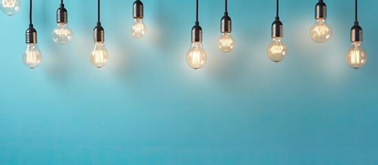 Wall Mural - Minimal concept idea with hanging light bulbs on light blue background flat lay