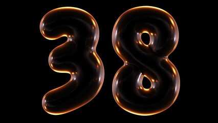 Poster - Seamless animation of glowing number 38 with light and reflections isolated on black background in 3d rendering.