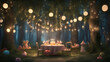 3D rendering of a fairy tale scene in the forest with a table and chairs