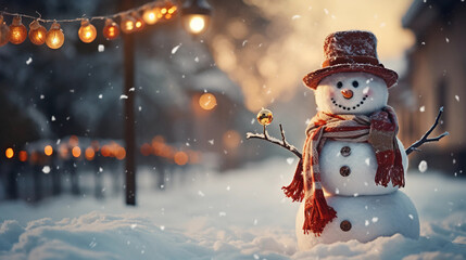 snowman in snow, Christmas lights, Christmas garlande, warm light