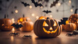 Halloween pumpkins with bats and spiders on wooden background. Halloween holiday concept