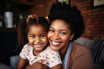 Wall Mural - Portrait of African American mom hugging kid on the sofa