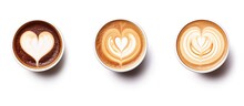 3 Coffee Styles Heart Shape Love Symbol On Black Cup Lover Sign On LATTE Cappuccino Mocha Cups Isolated On White Background