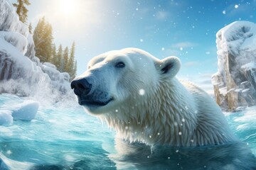 white polar bear bathes in river. Close-up of bear's muzzle. Ice floes are floating around. Snowing. bear enjoys swimming and smiles. Beautiful kind bear cub. Cozy background. Animals and wildlife.