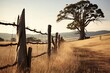 Panoramic views of dry, drought stricken farm land through old steel locked farm gates on a hot afternoon .