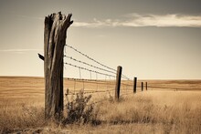 Panoramic Views Of Dry, Drought Stricken Farm Land Through Old Steel Locked Farm Gates On A Hot Afternoon .
