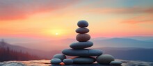 Zen Stones On Sunrise Sky Background With Full Moon
