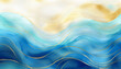 Abstract blue wave with gold lines watercolor texture painting. Colorful art teal, yellow wavy ink lines fairytale background. Bright colorful water waves. Ocean beach illustration mobile web backdrop