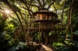 A beautiful but rustic treehouse nestled amidst the lush foliage of a dense jungle - AI Generative