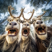 Selfie Of Christmas Reindeers. Funny Expression, Comic Face. Deers Taking A Photo Outoor With Fisheye Effect. Animal Looking At The Camera. Winter Wildlife Nature.