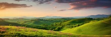 Beautiful Panoramic Landscape Of A Green Hills With Spring Flowers - AI Generated
