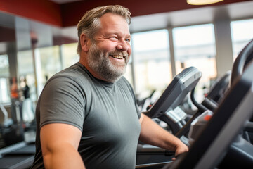 Full-figured caucasian middle-aged man exercising in gym