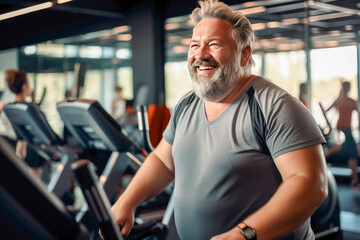 Wall Mural - Full-figured caucasian middle-aged man exercising in gym