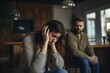 Couple, divorce and headache in conflict, fight or argument on the living room sofa at home. Woman and frustrated man in depression, cheating affair or toxic relationship in the house