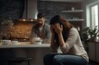 Couple, divorce and headache in conflict, fight or argument on the living room sofa at home. Woman and frustrated man in depression, cheating affair or toxic relationship in the house