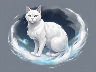 illustration of a serene white cat sitting on a cloud