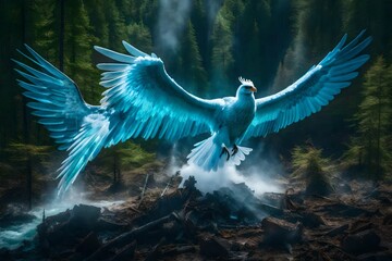 A majestic ice Phoenix with 2 wings ascends from the rubble of beautiful green forests with a big clearing - AI Generative