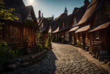 A Village, Where Charming Wooden Cottages With Intricately Carved Details Line Cobblestone Streets - AI Generative