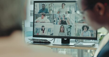 Aufkleber - Video conference, meeting and business people online on screen for planning, discussion and conversation. Corporate, collaboration and men and women for webinar, call and communication in office